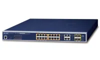 ## PLANET GS-4210-16UP4C Den hanterbara **PoE++**-switchen erbjuder **16 10/100/1000Base-T-portar och 4 combo SFP/RJ-45-portar**, varav 16 portar stöder **802.3bt PoE++** strömförsörjning (port 1- 16) och har tre fläktar med smart fläktfunktion (hastighetskontroll). Dessutom stöder switchen strömförsörjning **PoH upp till 95 W (Power over HDBASE-T)** Hantering via webben, SNMP v1/v2c, telnet eller konsol, stöd för **SSH v2, TLS v1.2 och SNMP v3**, VLAN 802.1Q, QoS, LACP, IGMP v2/v3, MLD, Spannig tree + Rapid/Multiple , ACL+MAC-filter, RADIUS/TACACS, DHCP-snokning, **IPv4/IPv6**-stöd, **Cybersäkerhetsfunktioner**. **Utökat läge** för anslutning med en hastighet av **10 Mb/s upp till ett avstånd på 100 till 250 m** på UTP beroende på vilken linje som används, inklusive PoE-strömförsörjning. Gigabit hanterbar switch med **Ultra PoE** (power over ethernet)-portar för centraliserad och kraftfull strömförsörjning av enheter via Ethernet såsom kassasystem, terminaler, kiosker, informationspaneler eller IP-kameror med kraftfulla IR-belysningar och värme för krävande utomhusbruk installationer. Utformningen av enheten är lämplig för installation i kontors- eller presentationsutrymmen. Den är också lämplig för applikationer i lokala växel, fjärranslutningar kan implementeras via optiska SFP-portar. Säker hantering tillhandahålls av krypterad webbhantering eller SNMPv3-protokoll. Slutanvändaranslutningar kan säkras med ACL/MAC-regler eller eventuell autentisering via RADIUS/TACACS. Eventuell övervakning av CloudViewer mobilapplikationer. ### Fysikaliska egenskaper ### Hamnar - 16 x 10/100/1000Base-T - 4 x combo SFP/RJ-45 - 1 x RJ-45 (RS-232) konsol por ### Minne - 8k MAC-adresser - 4,1 Mb buffert ### Genomströmning - 40 Gbps buss - operativt 29,7 Mpps **Transferstöd:** JumboFrame 10 KB **Design:** rackmonterad 1U ### Strömförsörjning - källa 100-240 V/50-60 Hz AC - total effekt upp till 500 W ### Skydd - ESD-kontakt upp till 4 KV DC - med flyg upp till 8 KV DC **Driftstemperatur:** 0 till +50 °C **Mått:** 440 x 300 x 44,5 mm **Vikt:** 4,4 kg ### Administrering - konsol via RJ-45 - Telnet - Webb - SSH v2 - TLS v1.2 - SNMP v1/v2c/v3 - SNTP - LLDP-protokoll **Åtkomstkontroll:** IP- och MAC-baserat ACL-protokoll ### ACL-filter och bindning - IP ACL, trafikfiltrering enligt IP-adress, protokoll, port, TCP-flaggor - MAC ACL, trafikfiltrering enligt MAC-adress, enligt VLAN ID och kombinationer av prioritetsflaggor ### Prioritering av QoS-trafik - 8 nivåer - trafikprioritering enligt portnummer - 802.1p - 802.1Q och enligt DSCP i IP-paketet - möjlighet att begränsa antalet paket som skickas per port ### VLAN-stöd - IEEE 802.1Q - upp till 256 VLAN-grupper, upp till 4094 VLAN-ID:n - Q-i-Q-tunnel - Voice VLAN - Protokoll VLAN - Privat VLAN - GVRP ### Spanning Tree Protocol - STP-protokoll, IEEE 802.1d Spanning Tree-protokoll - RSTP-protokoll, IEEE 802.1w Rapid Spanning Tree-protokoll - MSTP-protokoll, IEEE 802.1s Multiple Spanning Tree-protokoll ### Portspegling - RX - TX - båda - många-till-1-skärm ### Linjeaggregation - IEEE 802.3ad LACP - 4 portar i 2 grupper ### Multicast IGMP - IGMP v2/v3 - upp till 256 grupper - Stöd för IGMP frågeläge ### Autentisering av anslutna enheter - IEEE 802.1x (RADIUS) - IP+MAC-bindning - TACACS+ **DHCP Snooping:** ja (blockerar främmande DHCP-servrar) + DHCP Option82 **LLDP:** ja (automatisk upptäckt av typen av anslutna enheter) **Kabeldiagnostik:** ja ### Total effekt - 400 W - IEEE 802.3af - IEEE 802.3at - IEEE 802.3bt - Ultra PoE - PoH (Power over HDBASE-T) ### Antal injektorer - 8 x upp till 95 W - 8 x upp till 72 W ### Typ av strömförsörjning - 802.3bt-läge, portar 1-8: 90W max - 802.3bt-läge, portar 9-16: max 60W - UPoE-läge, portar 1-8: max 95W - UPoE-läge, portar 9-16: 72 W max - End-span-läge: max 36 W - Mellanspannläge: 36 W max ### Avancerade funktioner - integrerad schemaläggare för schemalagd avstängning av strömförsedda terminalelement - detektering av aktiviteten hos drivna enheter som använder ICMP, om det inte finns något svar kan den startas om genom att koppla bort strömförsörjningen - Utökat läge 10 Mb/s med en räckvidd på upp till 250 m (1 of 3)