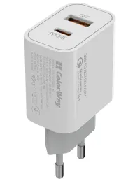 COLORWAY 1x USB and 1x USB-C turbo mains charger 30W 100V-240V White (1 of 4)