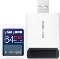 ## Samsung PRO Ultimate 64 GB Najboljša pomnilniška kartica formata SDXC za profesionalno uporabo v dronih, akcijskih kamerah, 360° kamerah ali tablicah ponuja kapaciteto **64 GB**. Hitrost branja je **do 200 MB/s**. Seveda je povečana odpornost na vodo, udarce in padce z višine, ekstremne temperature, obrabo, magnete in rentgensko sevanje. V paketu je priložen USB adapter. **Kapaciteta:** 64G **Hitrost branja:** 200 MB/s **Hitrost pisanja:** 130 MB/s **Vrsta kartice: ** SDXC ### Razred - UHS-I (U3 - V30) - Razred 10 (1 of 3)