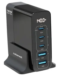 CubeNest S5D0 GaN adapteris 140 W (3 x USB-C iki 140 W 2 x USB-A iki 60 W) PD 3.1 viršįtampio ir žemos įtampos apsaugos ekranas (1 of 6)