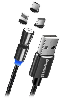 Colorway Кабел за зареждане 3в1 Lightning+MicroUSB+USB-C Магнитен 2.4A Найлон Магнитно въртене 540° 1m (1 of 6)