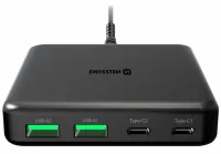 Swissten mini asztali adapter gan 2x usb-c + 2xusb 65w tápegység fekete (1 of 4)