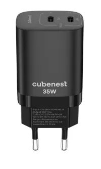 CubeNest S2D1 GaN Adapter 35W μαύρο (2x USB-C έως 35W) PD υπέρταση και προστασία υπότασης με τεχνολογία GaN για iPhone (1 of 3)