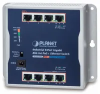 Промышленный плоский коммутатор Planet, 8x 1 Гб, 8x PoE 30, 120 Вт, 48–56 В, IP30-20, 60-е, безвентиляторный (1 of 3)