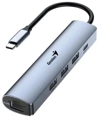 GENIUS хъб UH-545 USB-C към RJ45 Gigabit 3x USB3.0 USB-C 3A зареждане метално сив (1 of 1)